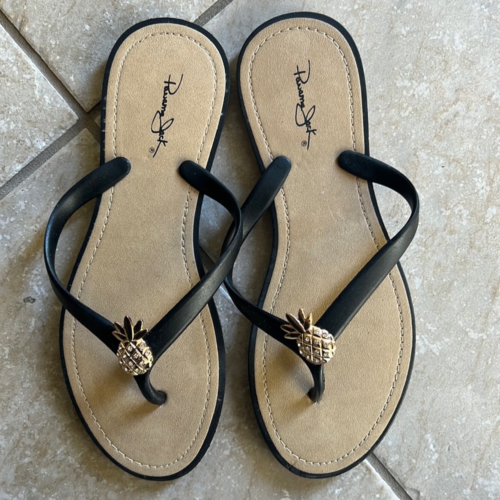 Cute black sandals, with gold pineapple detail. Worn once! Size 11